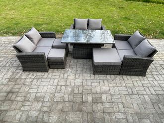 Fimous Wicker PE Rattan Garden Furniture Set Height Adjustable Rising Lifting Table Sofa Dining Set with 3 Footstools in Dark Grey