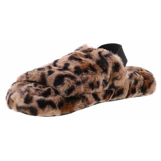 Unionbay Womens Unionbay Puff Slippers Brown Leopard Print Faux Fur Slingback JOBB698