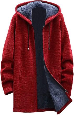 Generic Zip up Hoodies for Men Comfy Fleece Lined Thermal Cozy Cardigans Soft Mid-Length Winter Coat Solid Color Windbreaker Warm Hooded Mens Overcoat Drawstr