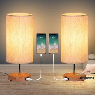 OEM Juego De 2 L&aacute;mparas De Mesilla T&aacute;ctiles - 3 Temperaturas De Color - Brillo Ajustable - Puertos Usb Integrados - Pantalla De Tela