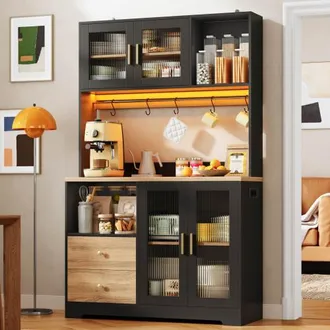 OEM Mobile Da Cucina Da 178 Cm, Pensile Con Illuminazione A Led, Ripiano Con Presa Elettrica, Vetrina Con Ante In Vetro Temperato, Portabottiglie, Nero Co