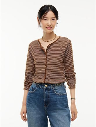 Tommy Hilfiger Womens Striped Pointelle Cardigan T-Shirt - Heartwood Brown - XXL