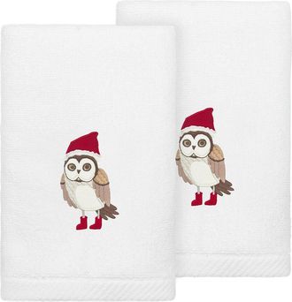 Linum Home Textiles Set Of 2 Christmas Baby Owl Embroidered Luxury 100% Turkish Cotton Hand Towels