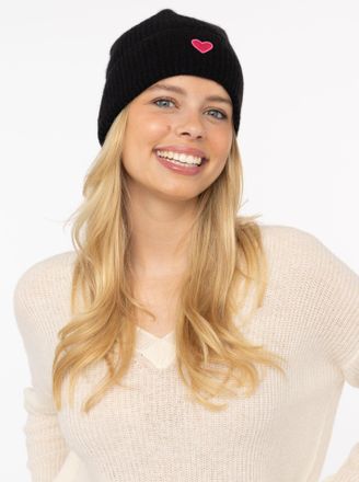 Zwillingsherz Beanie ZWILLINGSHERZ Beanie with Heart-Patch, Damen, schwarz, Rippstrick, Wolle, unifarben, M&uuml;tzen Beanie, Rippstrick, mit breitem Umschlag, w&auml;rmend