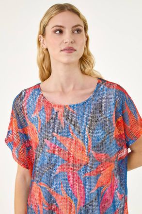 Roman Leaf Print Mesh Overlay Top