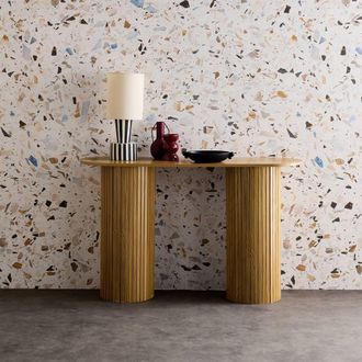 Sweeek Scandinavian Oval Console With Grooved Wooden Effect in Light Brown