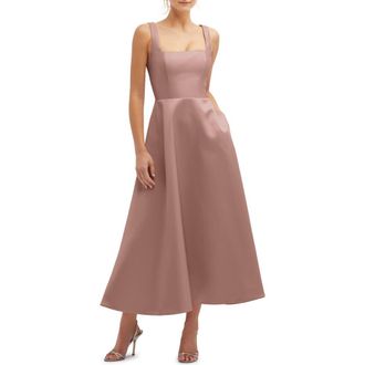The Dessy Group Square Neck Sateen Midi Gown in Neu Beige at Nordstrom, Size 14