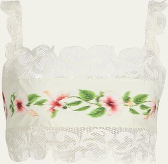 Oscar De La Renta Sleeveless Chine Hibiscus-Print Lace-Trim Crop Top