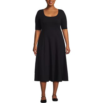 Lands End Starfish Elbow Sleeve Midi Fit and Flare Dress in Black at Nordstrom, Size 2X