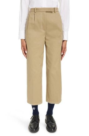 Thom Browne Relaxed Fit Pleated Crop Straight Leg Cotton Trousers in Camel at Nordstrom, Size 4 Us