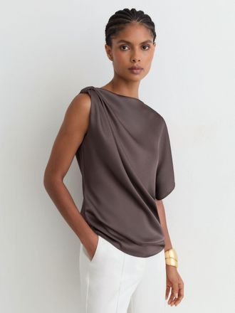 Reiss Mauve Satin Draped One-shoulder Top, 12