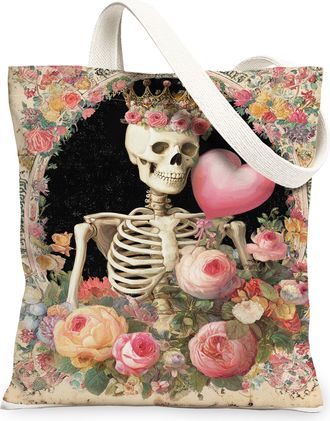 Generic Vintage Floral Canvas Tote Bags, Skeleton with Heart Pattern Reusable Grocery Bags, Lightweight Washable Shoulder Strap Can, Multicolor, 13x15 Inch