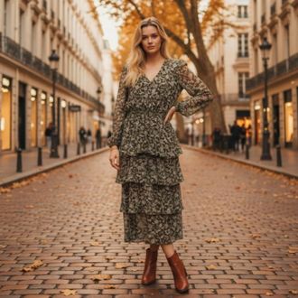 MSK Floral Long Sleeve Tiered Midi Dress In Olive