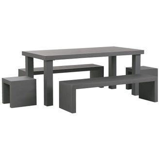Beliani Conjunto De Comedor De Jard&iacute;n Mesa Rectangular De Cemento Reforzado Gris 2 Bancos Con Forma De U 2 Taburetes 6 Plazas Resistente Al Agua Taranto