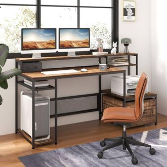 Costway Costway 170CM Computer Desk Monitor Stand Writing Table W/ Power Outlets in Brown