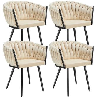 TecTake Dining Chair Astano - Padded, Velvet, Knot Design, Continuous Backrest in Light Sand | Size: 4 Pack