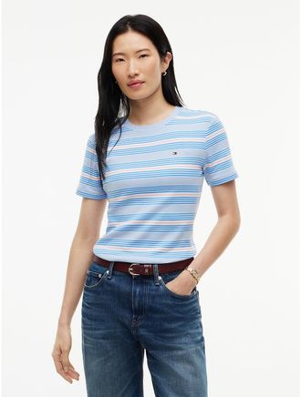 Tommy Hilfiger Womens Slim Fit Ribbed Crewneck T-Shirt - Sky Blue Stripe - XXS