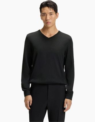 HUGO BOSS Mens V-Neck Long Sleeve Regular Fit Sweater - Black - Size: 46