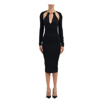 Elisabetta Franchi Midi Jurk met Slangenleren Sierrand met Juwelen - Dames - Casual kleedjes - Zwart - XL - Leer - Kleedjes