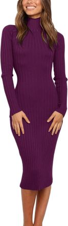 Merokeety Womens Long Sleeve Sweater Dress 2025 High Neck Slim Fit Ribbed Knit Midi Winter Dresses, Plum, M