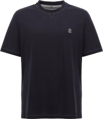 Brunello Cucinelli Navy Blue Logo Embroidery T-shirt