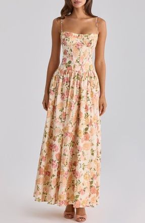 House of CB Rona Floral Stretch Cotton Maxi Sundress in Warm Rose Print at Nordstrom, Size X-Large A