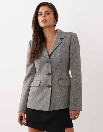 Nobody's Child blazer grigio effetto lana a spina di pesce con spalle imbottite e vita stretta