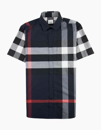 Burberry Mens Burberry Short-sleeve Check Stretch Cotton Poplin Shirt Navy - Size: 42/Regular