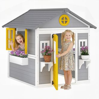 OUTSUNNY Casita Infantil Exterior E Interior De Madera, Casita Infantil Con Puerta, Ventanas, Jardineras Y Soportes De Flores, Para 3-8 A&ntilde;os, Gris