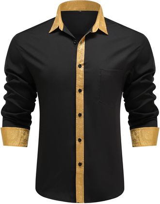 AlltheMen Mens Inner Contrast Shirt Long Sleeve Business Casual Shirt Regular Fit Button Down Wedding Party Black Yellow L