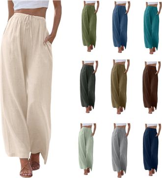 Generic Linen Trousers Womens Long Leg Summer Palazzo Pants High Waisted Wide Leg Pants Casual Ladies Summer Loose Fit Beach Trousers Flowy Elastic Waist (Bei