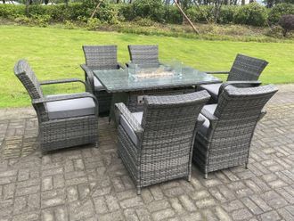 Fimous Rattan Garden Furniture Gas Fire Pit Rectangle Dining Table Gas Heater & Dining Chairs 6 Seater in Dark Grey