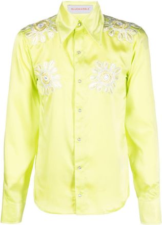 Bluemarble floral-embroidery satin shirt - men - Polyester - M - Green