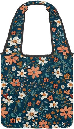 Generic Flowers wtih Leaves Blue Background Reversible Canvas Shoulder Tote - Double-Sided Print, 12oz Cotton, 27cm Drop, Fold-Flat Bag for Travel, Shopping, 