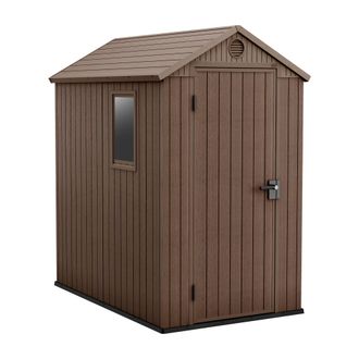 Keter Darwin 4x6 - Caseta De Jard&iacute;n 125,8x205,10x184,50 Cm Con 1 Puerta Para Almacenamiento De Herramientas Acabado Efecto Madera Evotech+ En Resina Marr&oacute;n