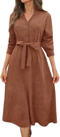 Generic Womens Fall Winter Corduroy Midi Dress 3/4 Sleeve V Neck Button Down Dress 2025 Elegant Belted Flowy A Line Dresses (UK, Alpha, XL, Regular, Regular, 