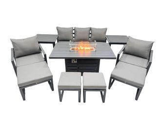 Fimous 9 Seat Aluminium Gas Fire Pit Table Sets with 4 Stools 2 Side Tables in Dark Grey