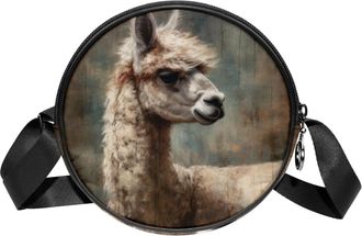 Generic Circle Crossbody Bag for Women, Vintage Alpaca Pattern Small Sling Bag Daypack with Zipper Adjustable Shoulder Straps Casual Ladies Girls Round Purse