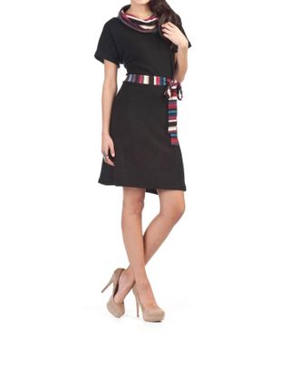 Papillon Solid Dress With Stripe Cowl Neck & Belt In Black