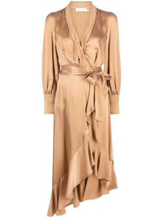 Zimmermann Zijden wikkeljurk met lange mouwen - Beige