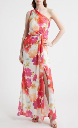 Adrianna Papell Metallic Floral One-Shoulder Gown in Ivory/Coral/Pink Multi at Nordstrom, Size 12