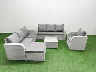 Fimous 8 Seater Poly Rattan Outdoor Garden Furniture Square Coffee Table Sofa Set Patio 3 Seater Sofa Reclining Chair 3 Seater Sofa Big Footstool