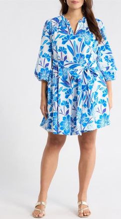 Sugarlips Iva Floral Pismo Balloon Sleeve Minidress in White-Blue-Multi at Nordstrom, Size 1X