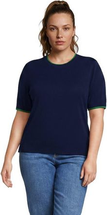 Lands End Plus Size Double Trim Cotton Crew Neck Tee Sweater in Deep Sea Navy/clover at Nordstrom, Size 1X