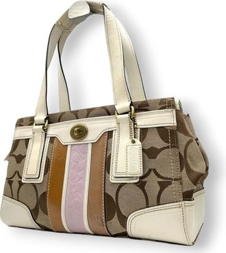Coach Brown White Canvas Leather Handbag Tote Bag (Pre-Owned)
