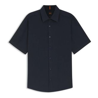 HUGO BOSS Short Sleeve Shirt - Heren - Korte mouwen Overhemden - Blauw - L - Linnen - Overhemden