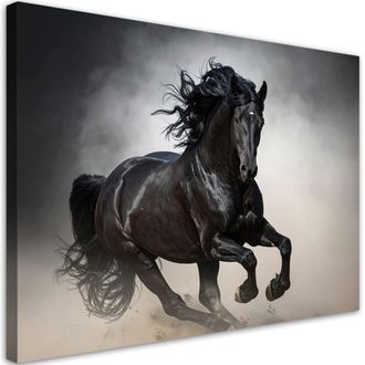 Feeby Cuadro En Lienzo, Caballo Negro Galopando Naturaleza, 100x70