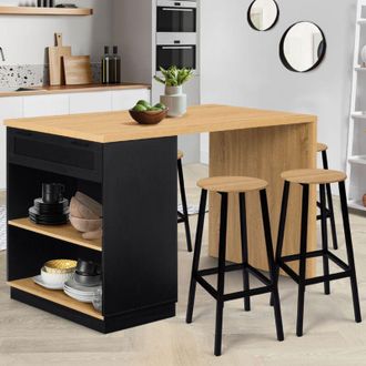 IDMarket Vito 130 Cm Negro Isla Central De 4 Plazas Con Encimera De Madera