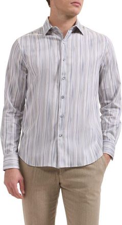 Bugatchi Julian Shaped Fit Brushstroke Stripe Print Stretch Cotton Button-Up Shirt in Shark at Nordstrom, Size Xx-Large