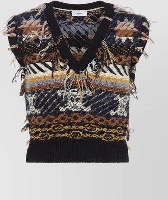 Celine knitwear v neck sleeveless fringe ribbed hem